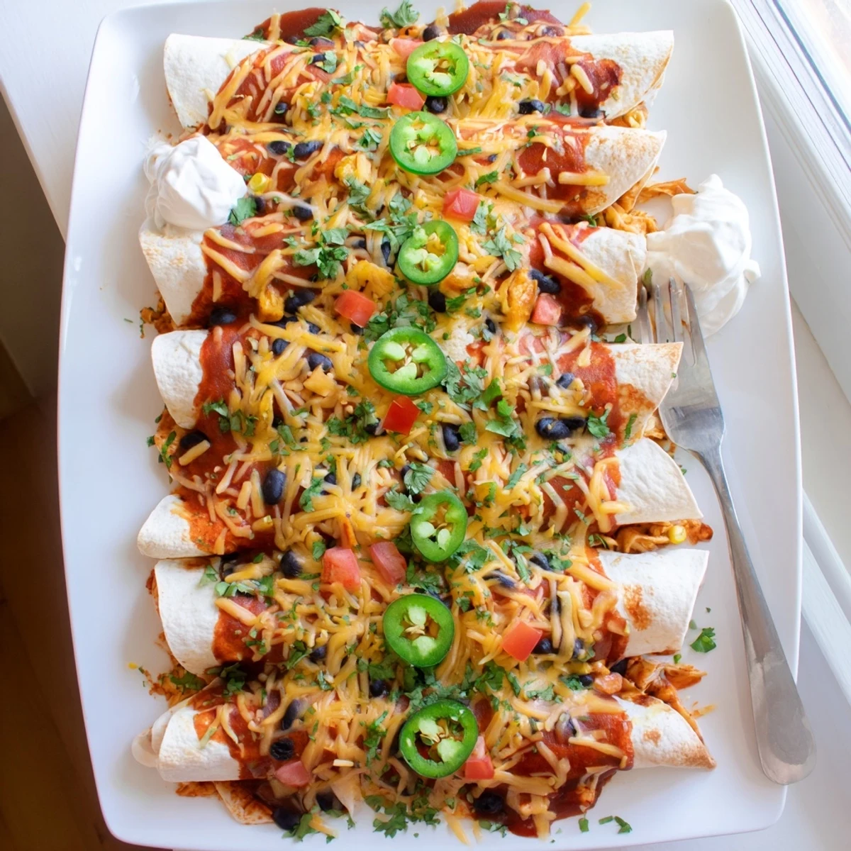 Fresh cilantro and jalapeños garnish steaming Chicken Enchiladas, served hot with a dollop of sour cream.