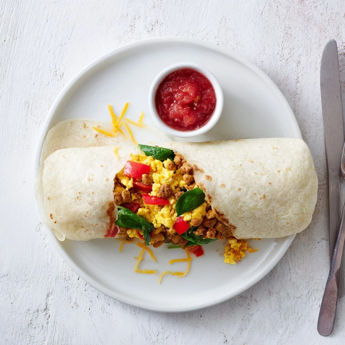 Golden-brown Make-Ahead Breakfast Burritos stuffed with fluffy eggs, melted cheese, and savory sausage.