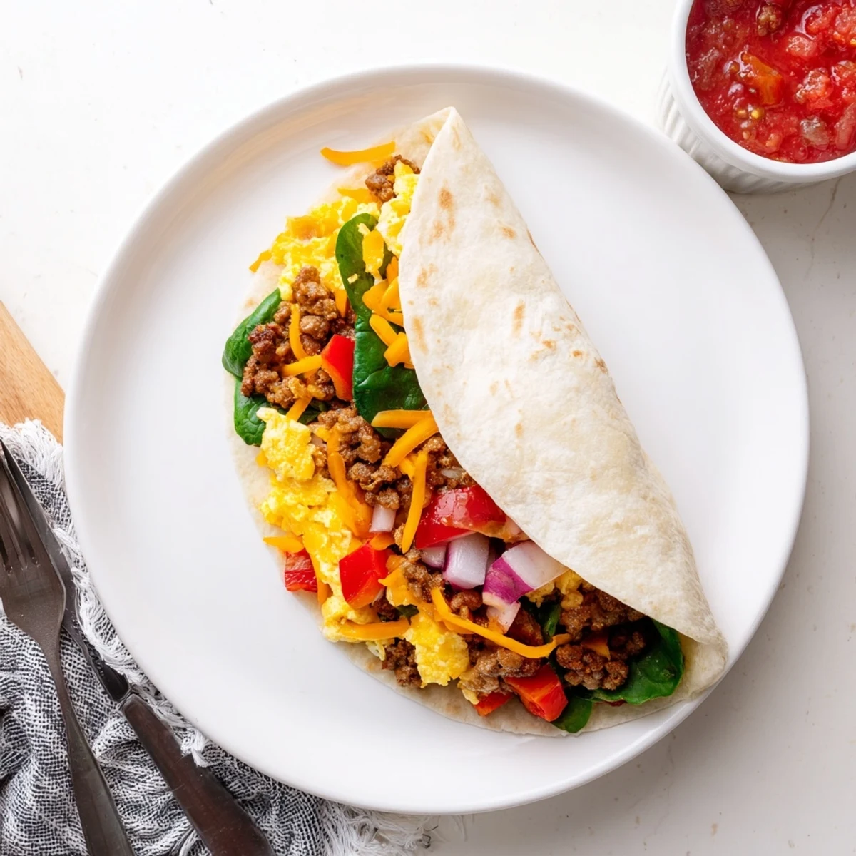Steaming Make-Ahead Breakfast Burritos on a plate, served with fresh salsa and avocado slices.