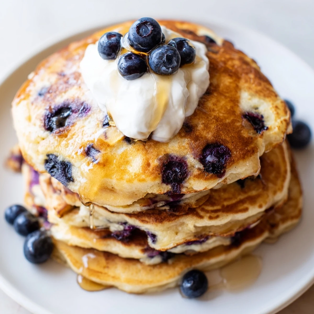 Golden-brown Greek Yogurt Blueberry Pancakes stacked high, with warm maple syrup drizzling down the fluffy layers.