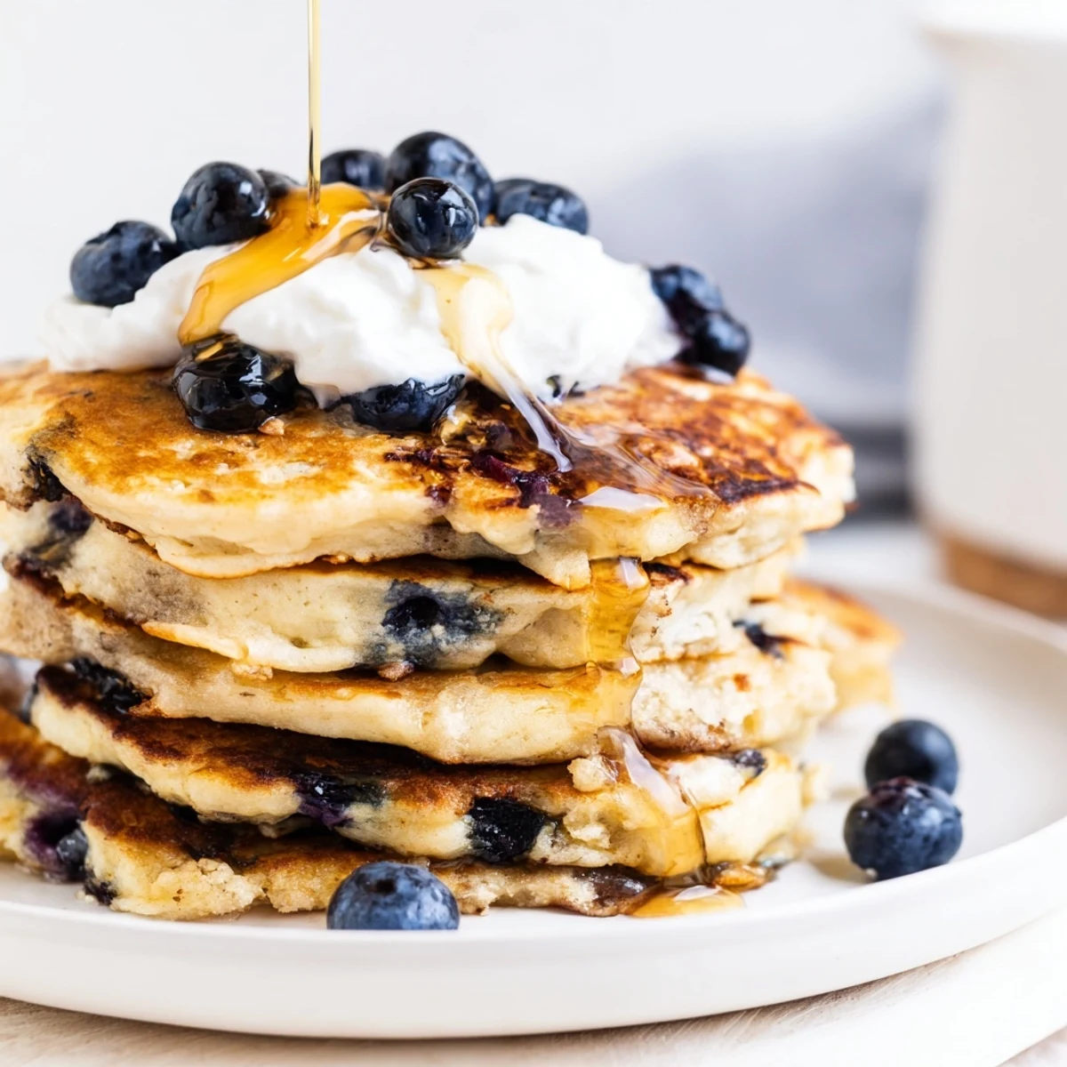 A close-up of fluffy Greek Yogurt Blueberry Pancakes topped with extra blueberries and a dollop of yogurt.