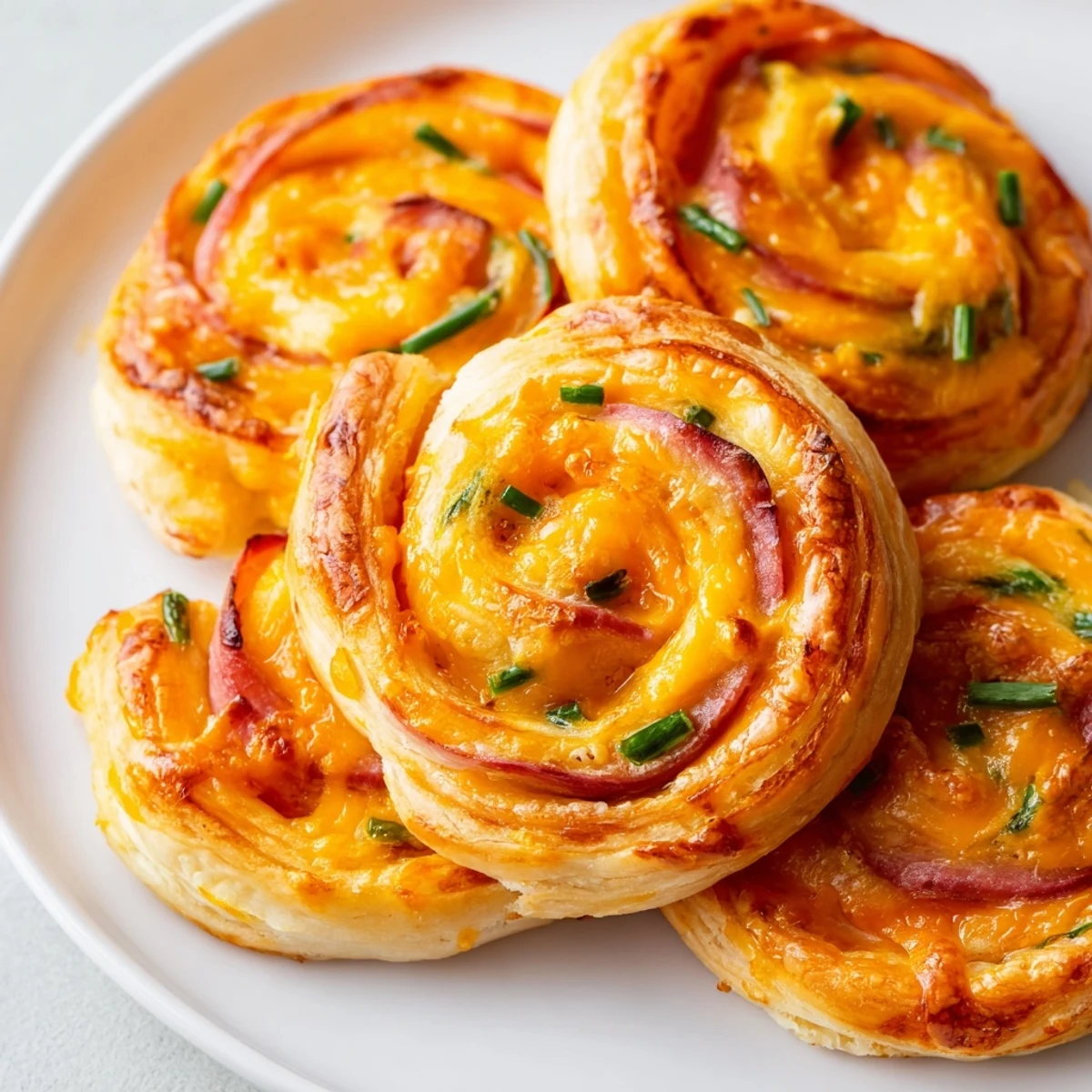 Golden-brown Easter Ham Cheddar Pinwheels rest on a white plate, featuring flaky puff pastry spirals with melted cheese and herbs.  