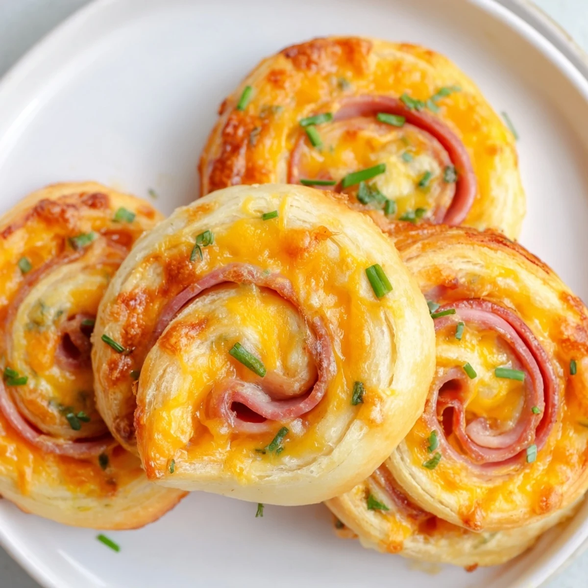 A close-up of Easter Ham Cheddar Pinwheels reveals crispy layers, smoky ham, and sharp cheddar on a rustic wooden board.  