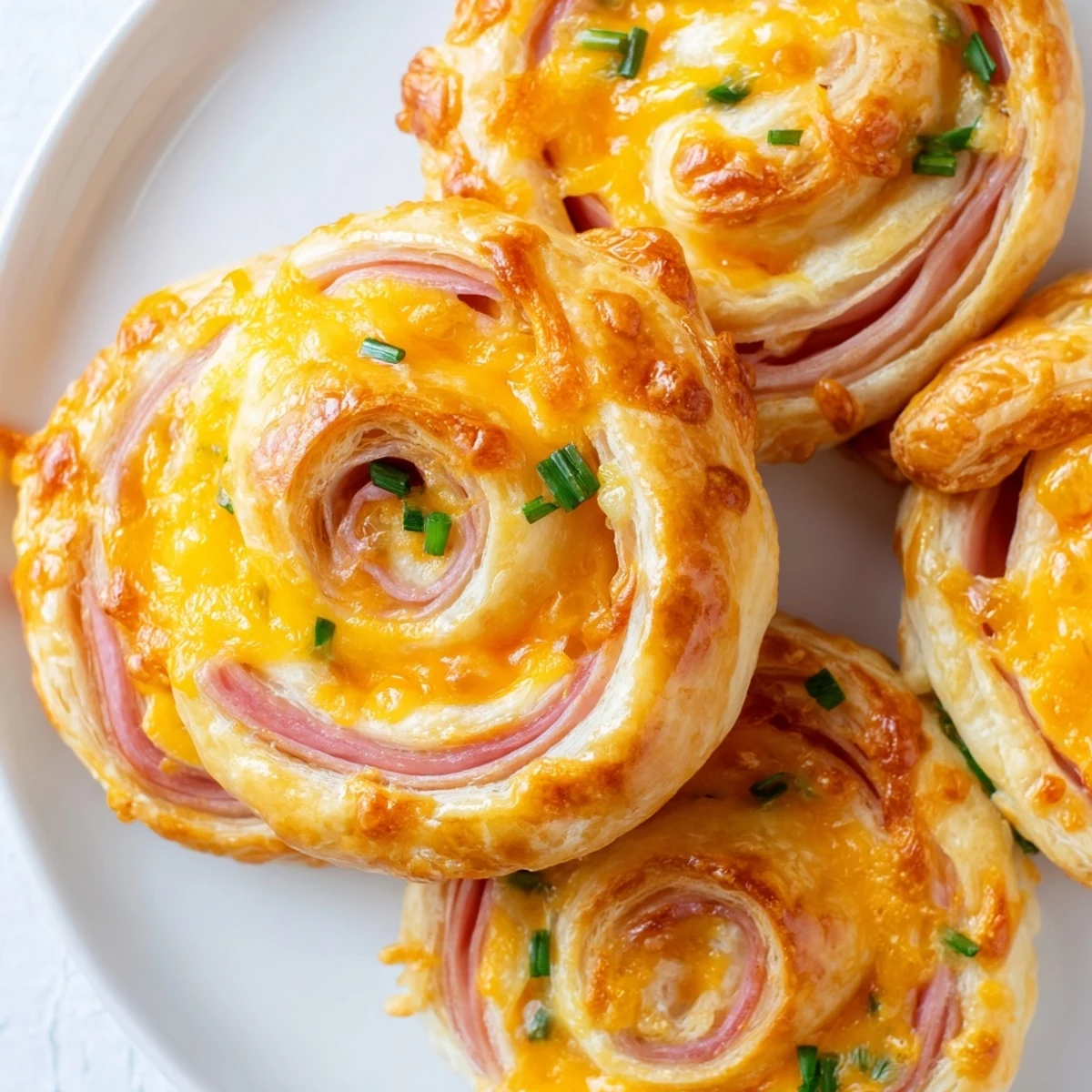 Freshly baked Easter Ham Cheddar Pinwheels are arranged on a baking sheet with chives and a small bowl of mustard dip.