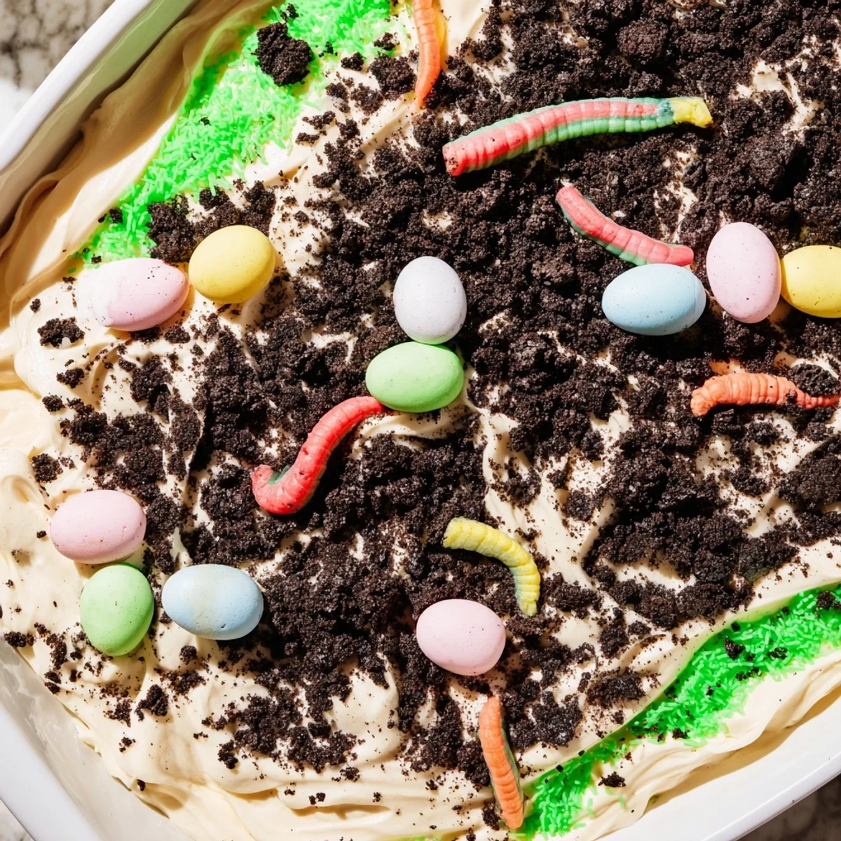 Close-up of Easter Dirt Cake Casserole topped with gummy worms and pastel candy eggs.