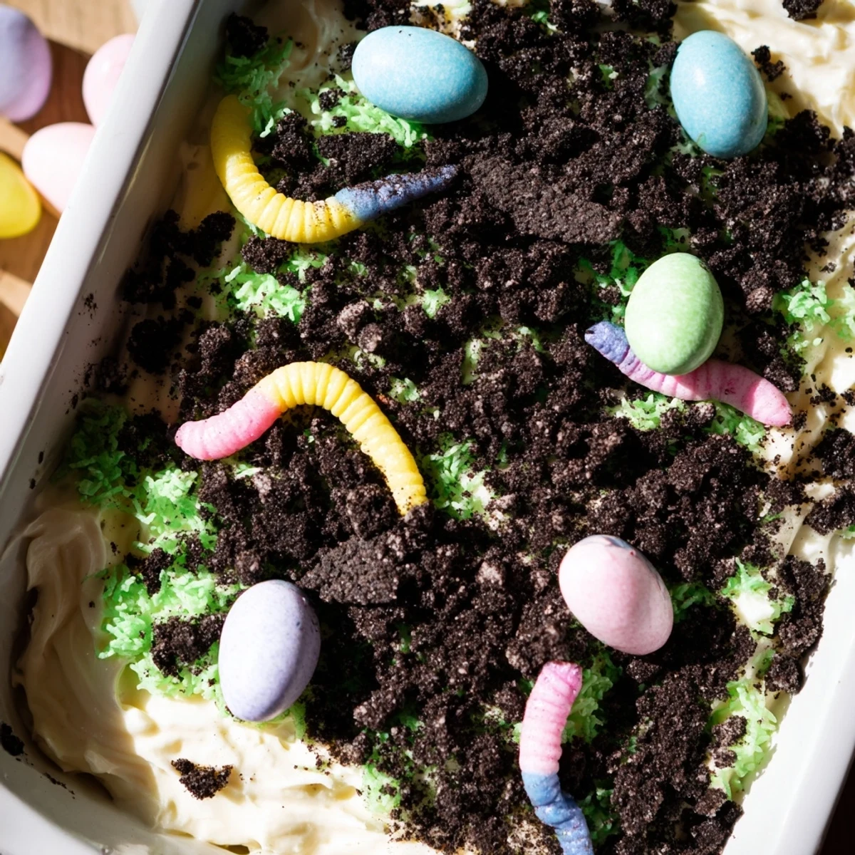 Family-style Easter Dirt Cake Casserole served chilled with green coconut grass and Oreo crumbs.