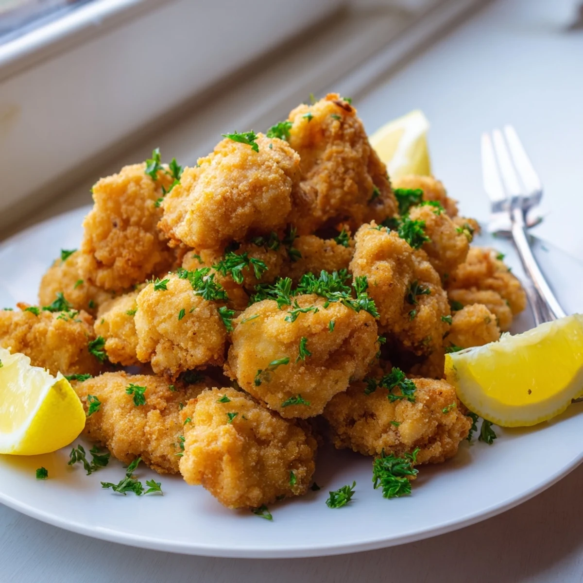 Golden air fryer lemon chicken bites arranged on a white serving plate with fresh parsley garnish and lemon wedges
