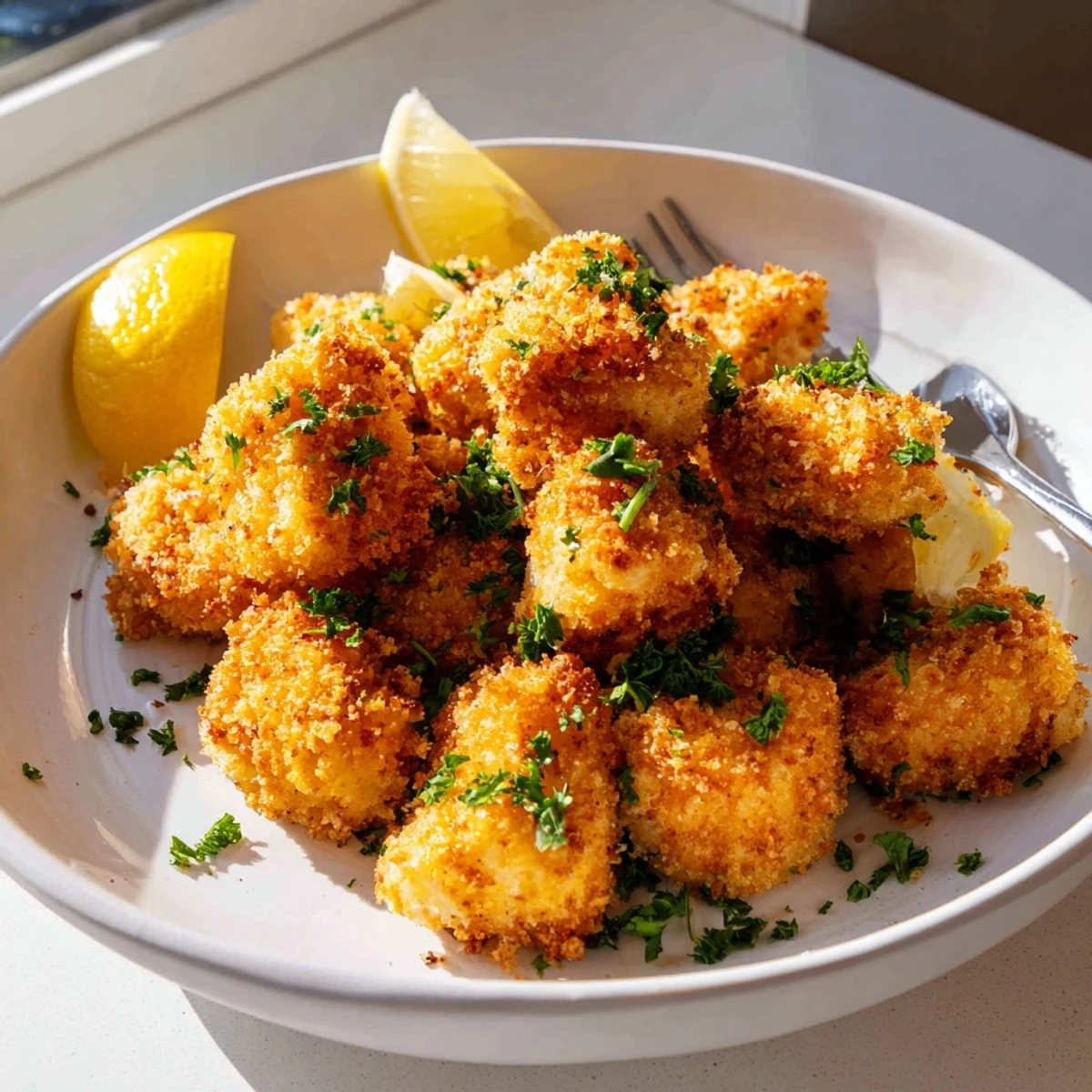 Close-up of air fryer lemon chicken bites with visible herb coating and bright lemon zest sprinkle