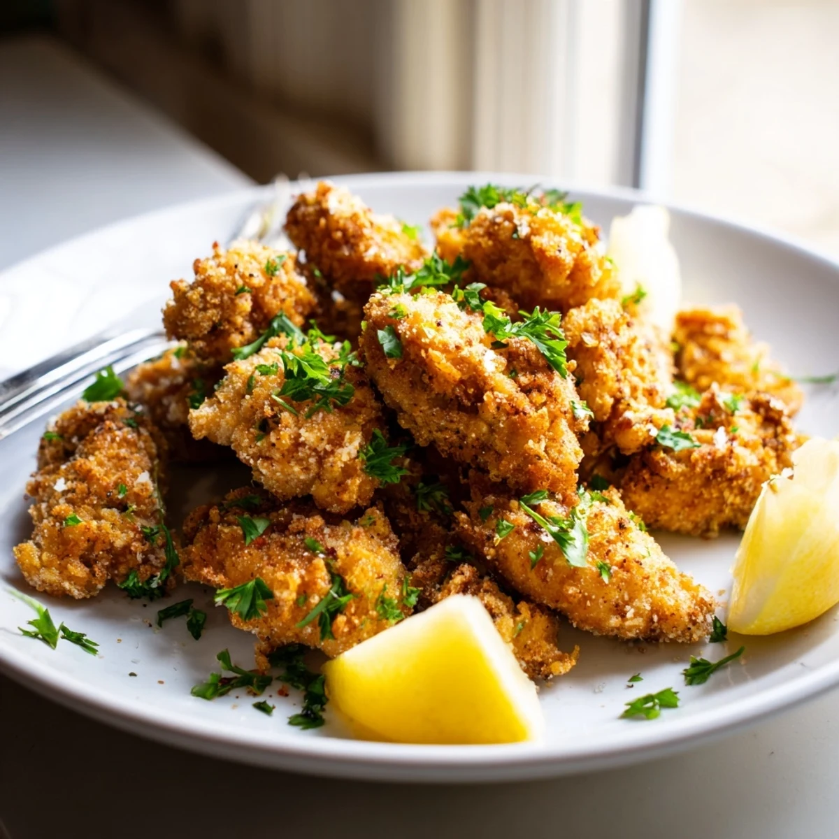 Crispy golden lemon chicken bites nestled in a black air fryer basket showcasing their juicy tender texture