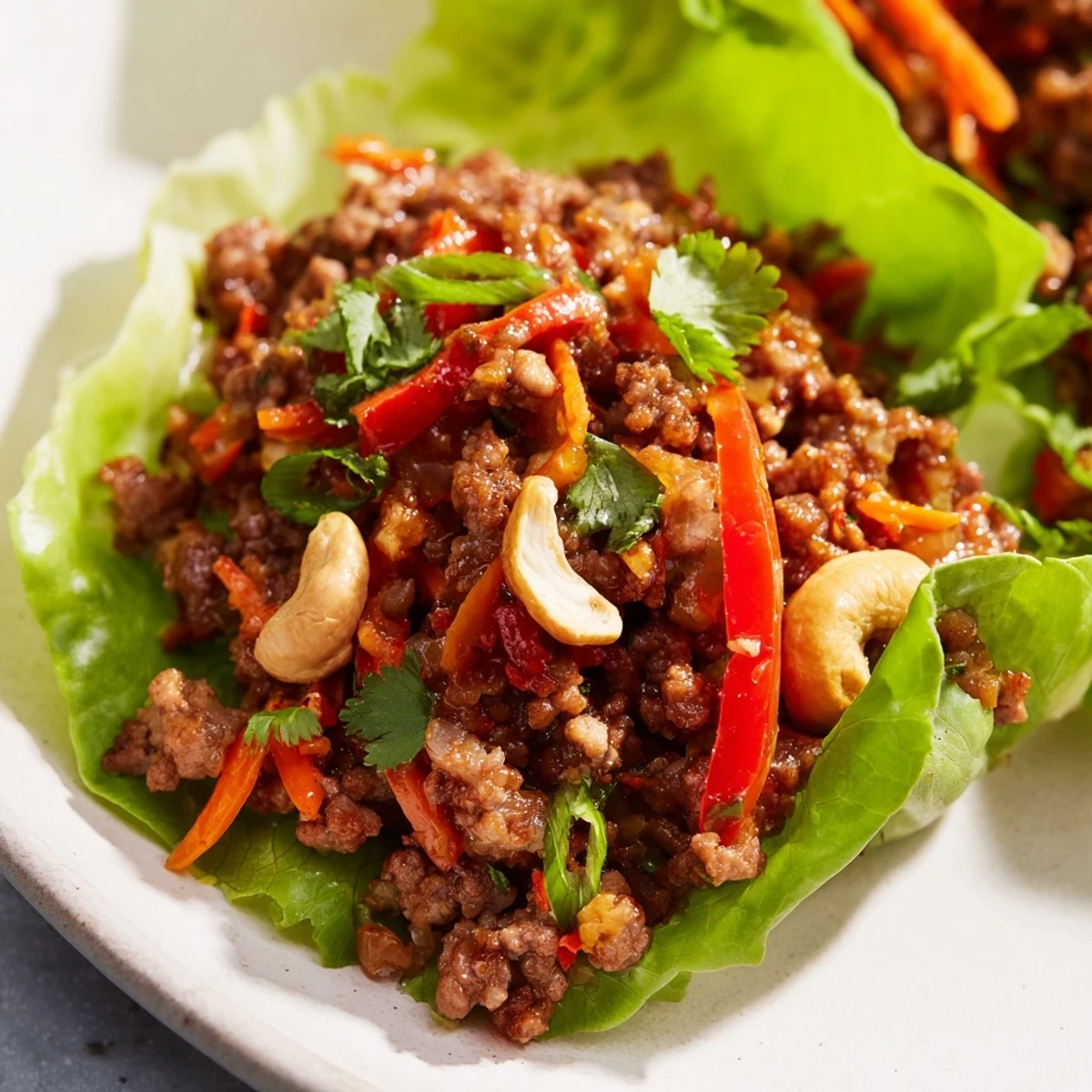 Golden brown seasoned beef mixture with crunchy cashews spooned into crisp green lettuce cups
