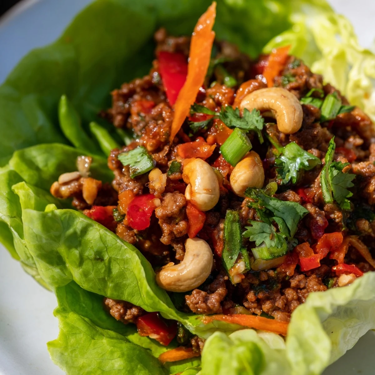 Asian-inspired beef and cashew lettuce cups served with lime wedges and fresh herbs