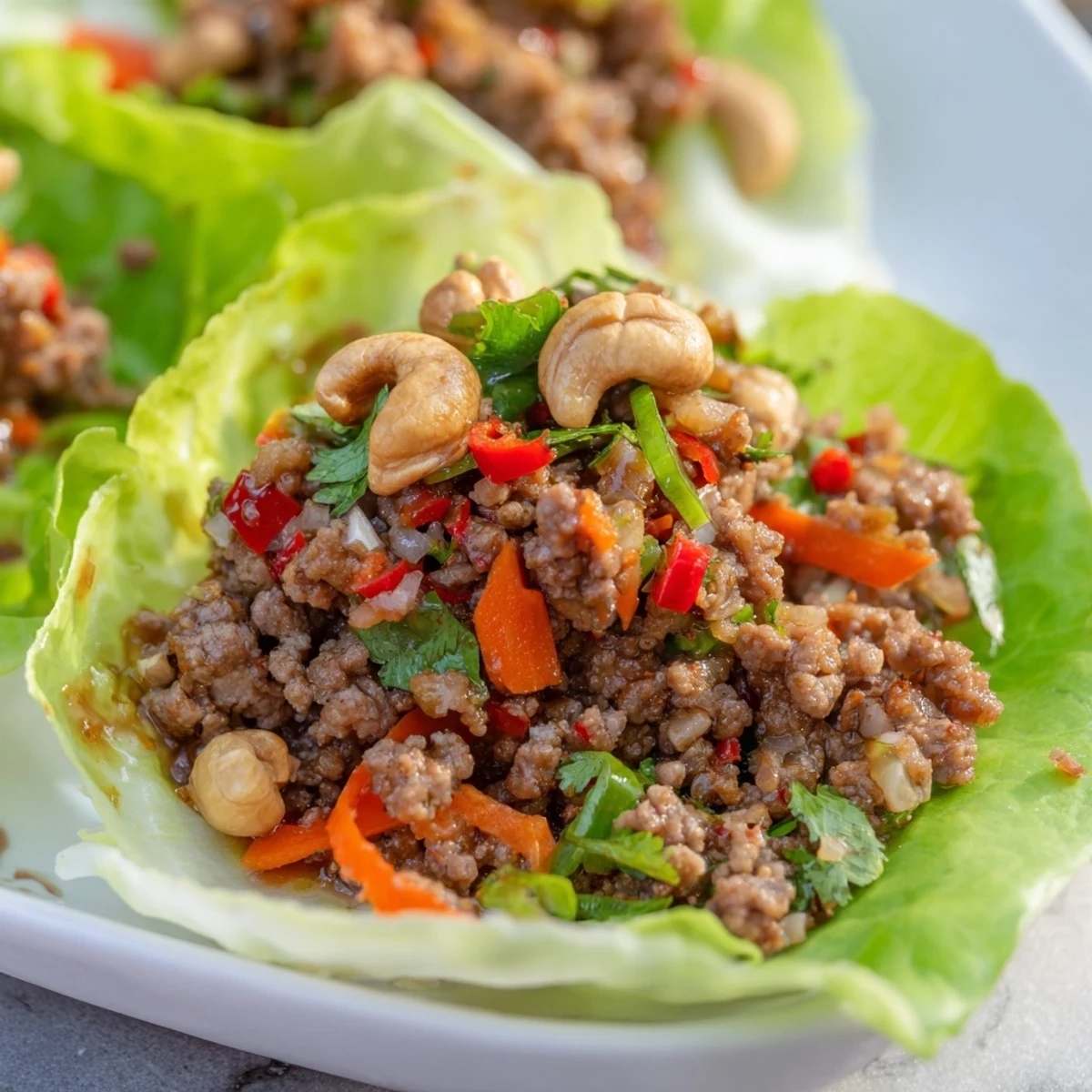 Fresh lettuce cups piled high with savory beef and cashew stir-fry topped with coriander