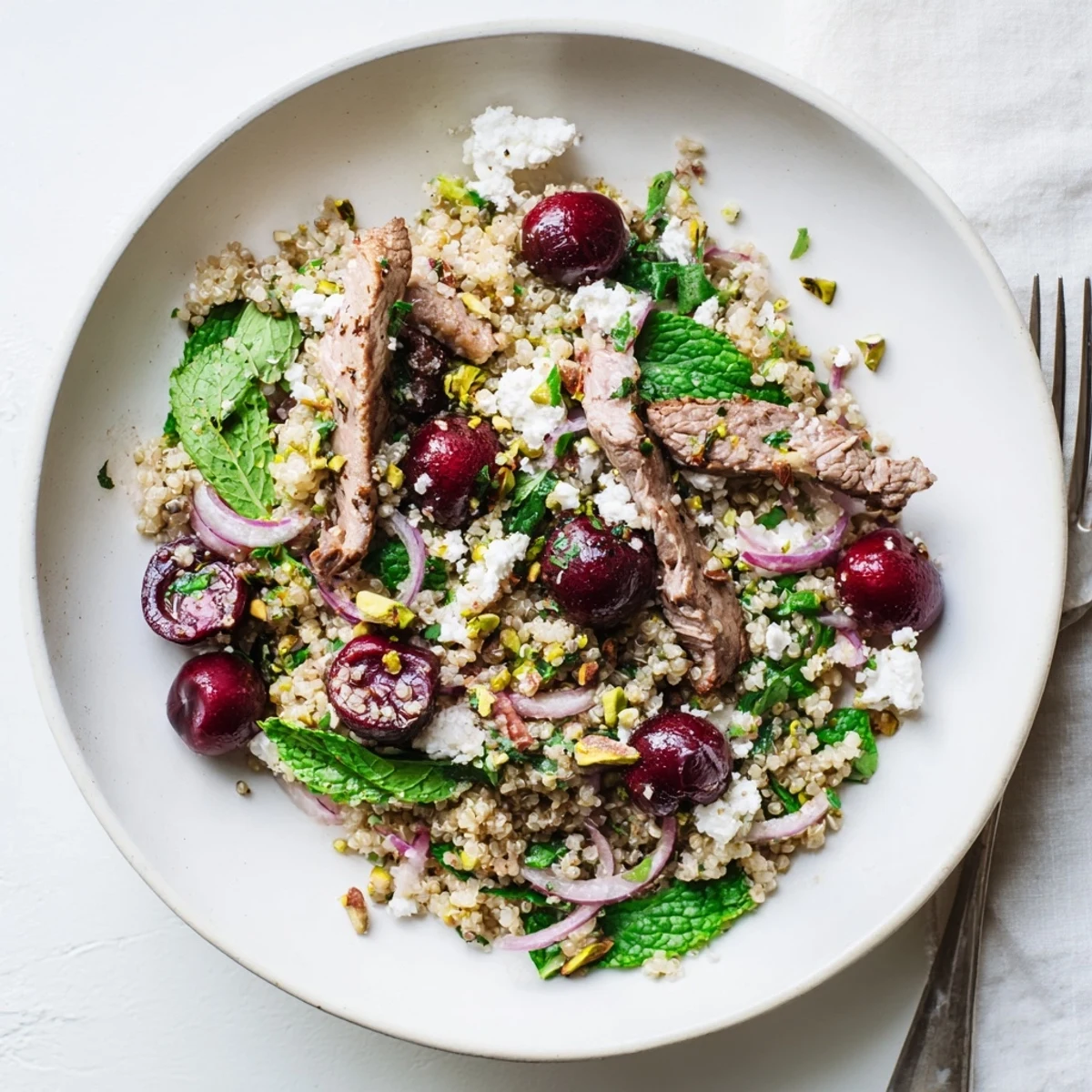 Colorful cherry quinoa salad with lamb featuring fresh cherries, herbs, and crumbled feta cheese