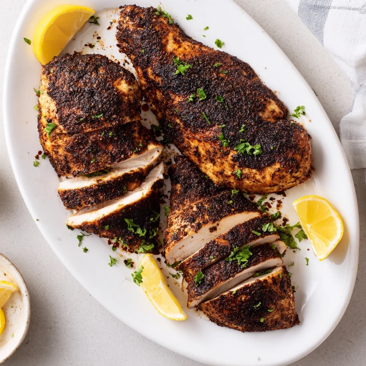 Golden brown blackened chicken breast with dark spice crust on white plate
