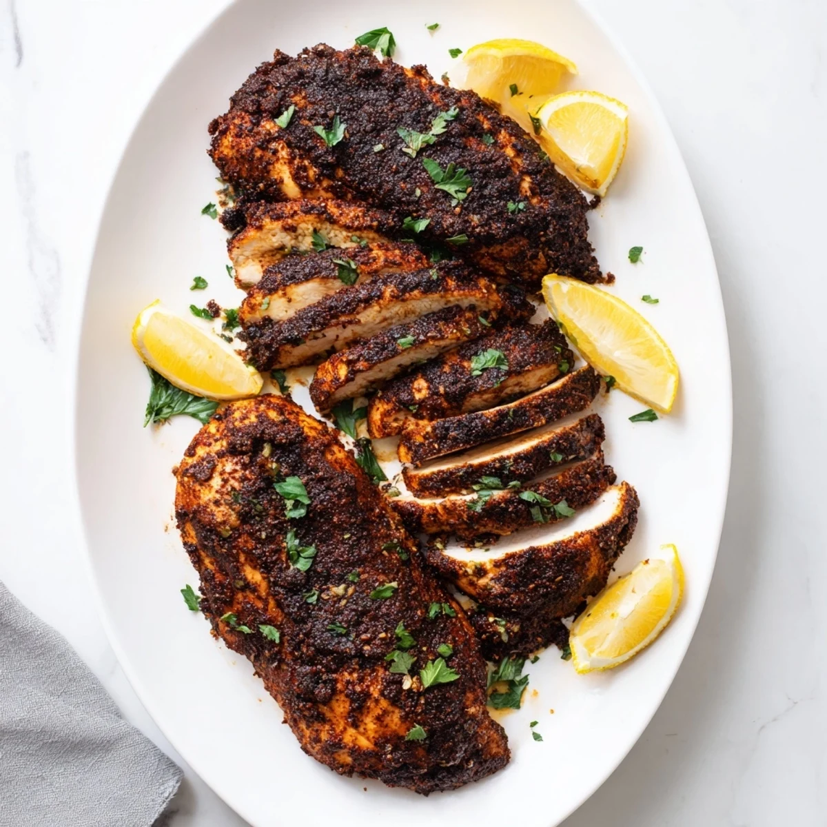 Spicy blackened chicken sliced revealing juicy white meat with fresh parsley garnish