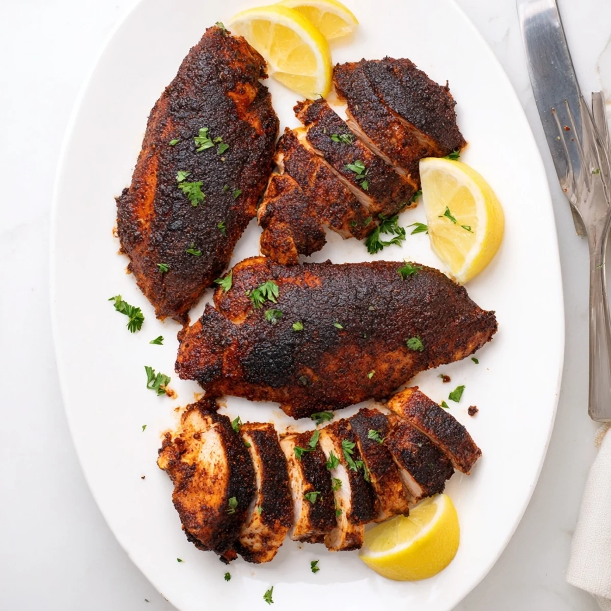 Cast iron skillet of sizzling blackened chicken with smoky dark seasoning crust