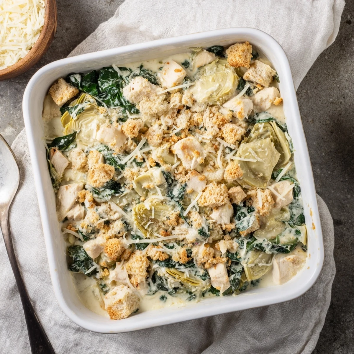 Golden brown high protein spinach and artichoke chicken casserole with bubbling cheese topping