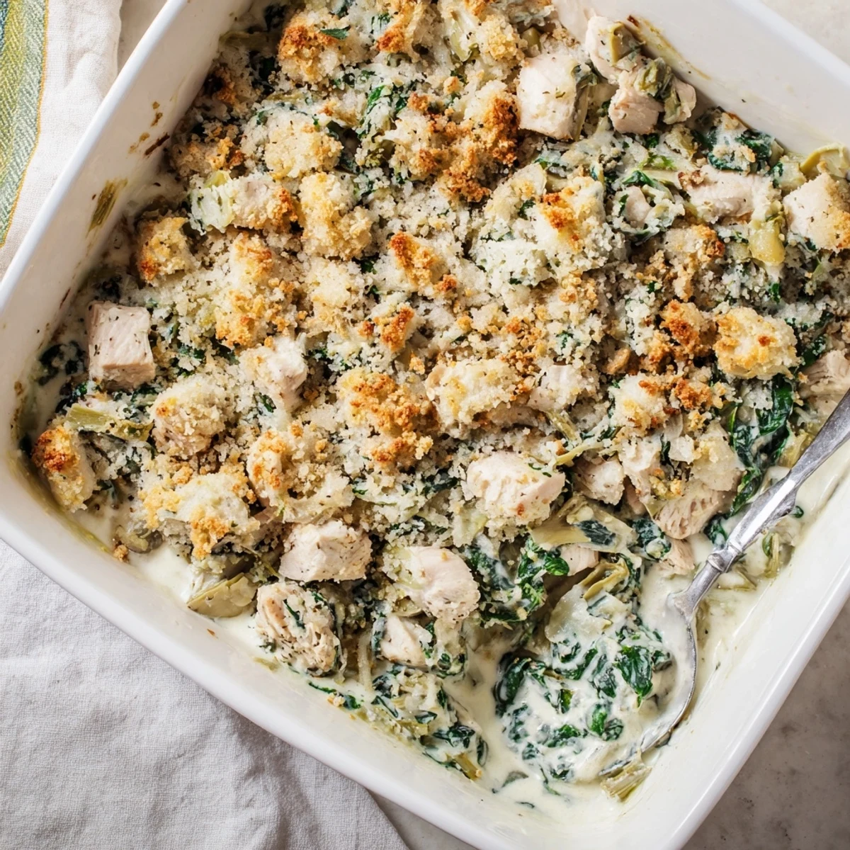 Creamy baked chicken casserole featuring spinach artichokes and crispy parmesan panko crust