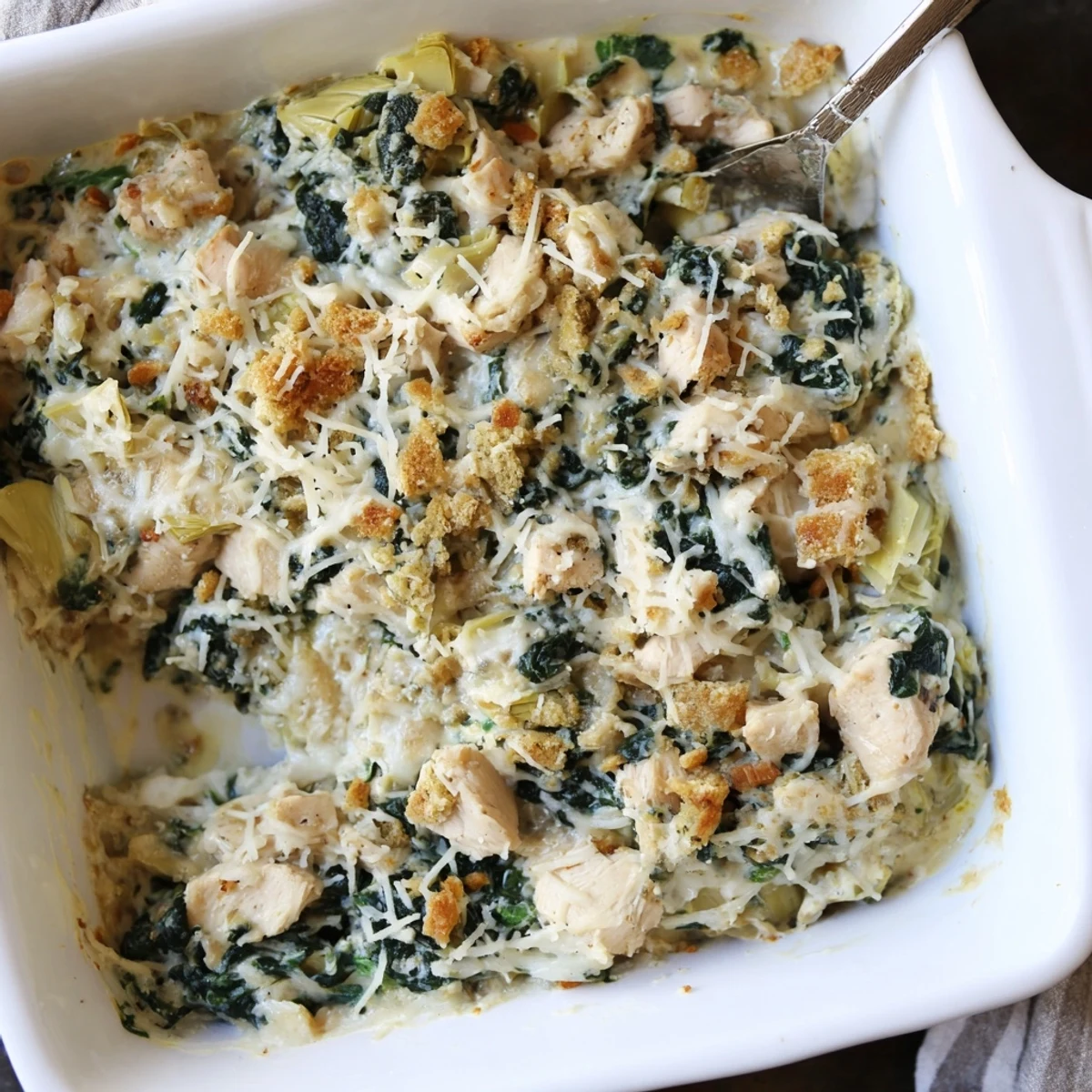 Bubbling spinach and artichoke chicken casserole fresh from oven with golden breadcrumb topping