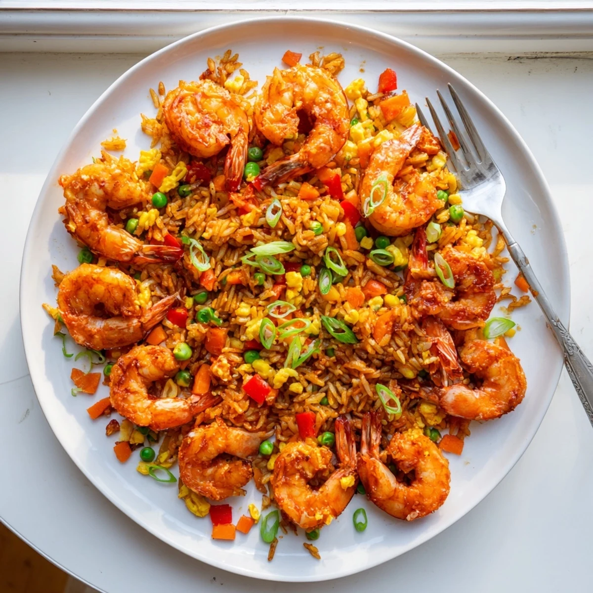 Golden garlic prawns atop colorful sweet chilli fried rice with diced vegetables and spring onions