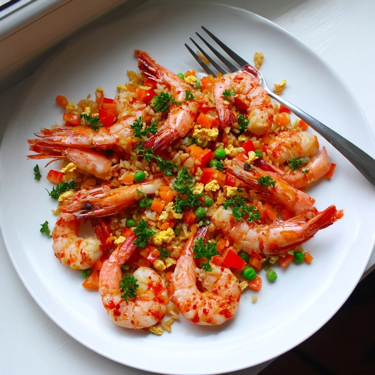 Steamy bowl of sweet chilli fried rice topped with juicy garlic prawns and fresh parsley garnish