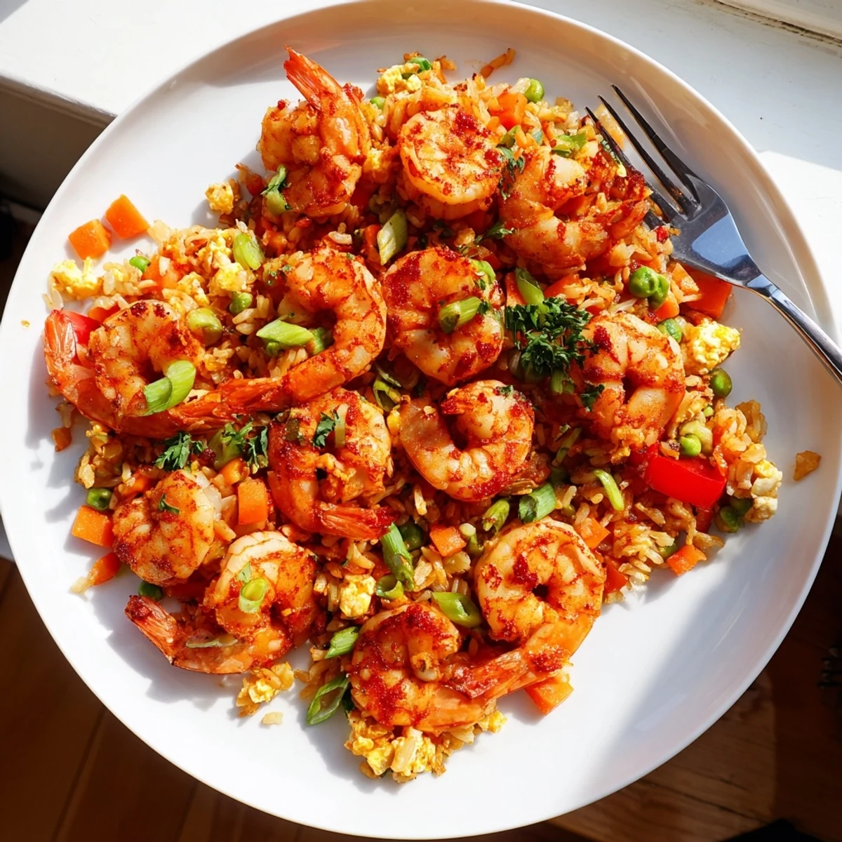 Vibrant Asian fusion plate featuring garlic butter prawns over sweet chilli fried rice with scrambled eggs
