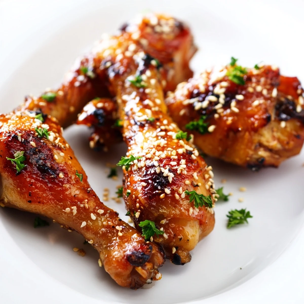 Tender baked chicken drumsticks coated in sweet honey garlic glaze with sesame garnish