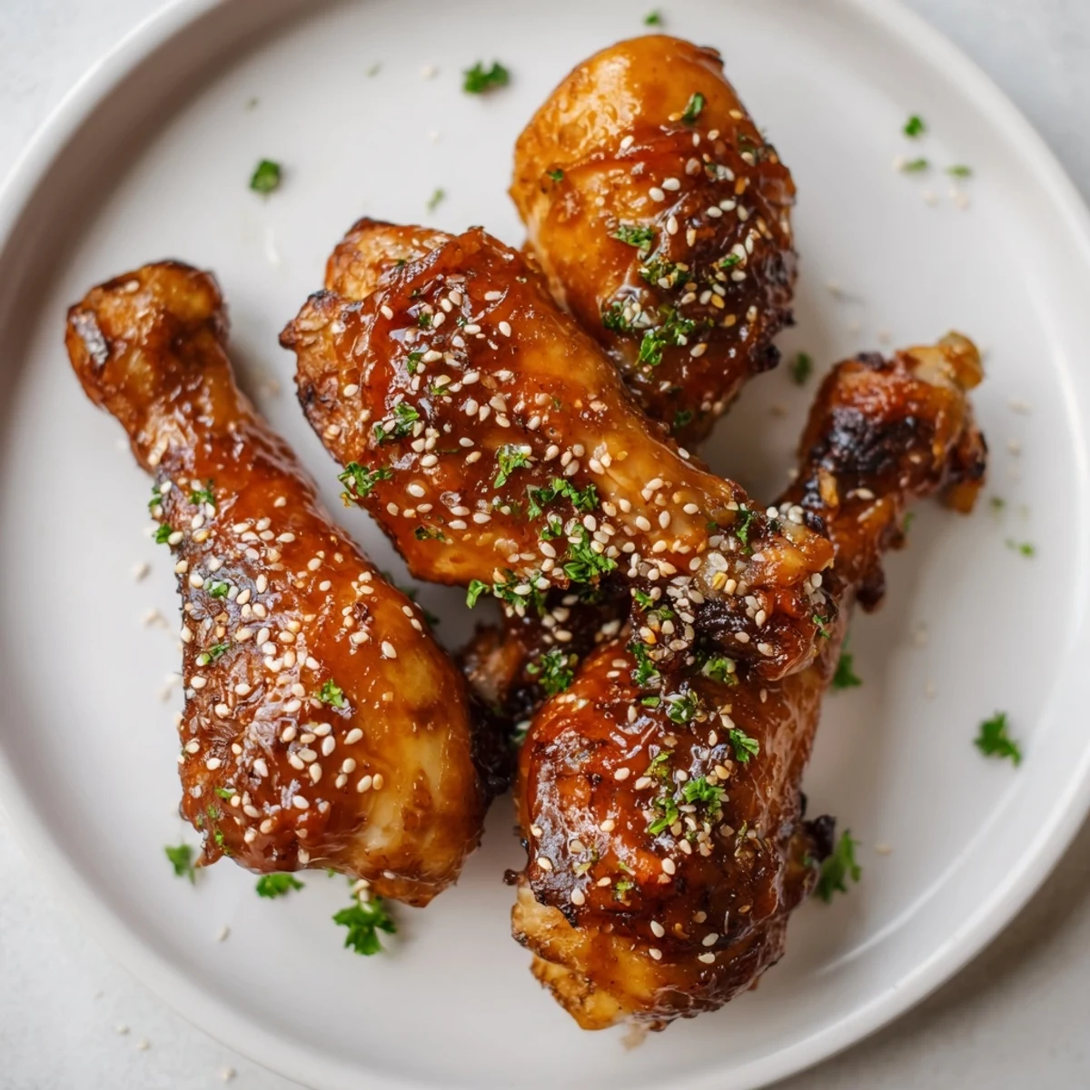 Golden brown honey garlic baked chicken drumsticks glazed with sticky caramelized sauce