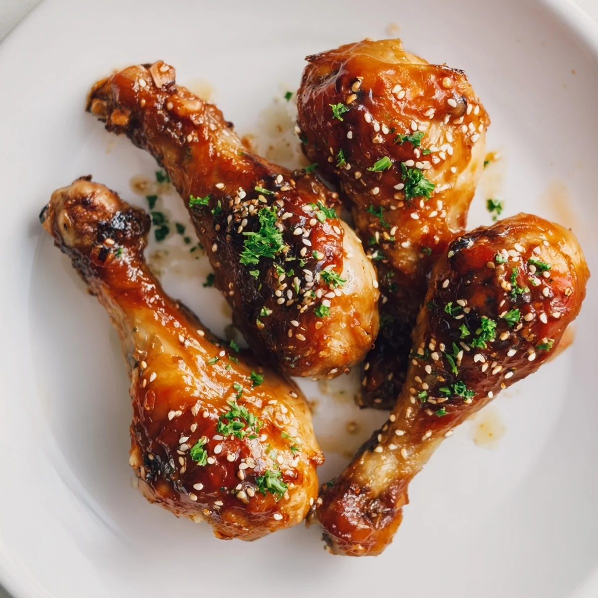 Juicy honey garlic baked chicken drumsticks arranged on baking sheet with parsley sprinkle