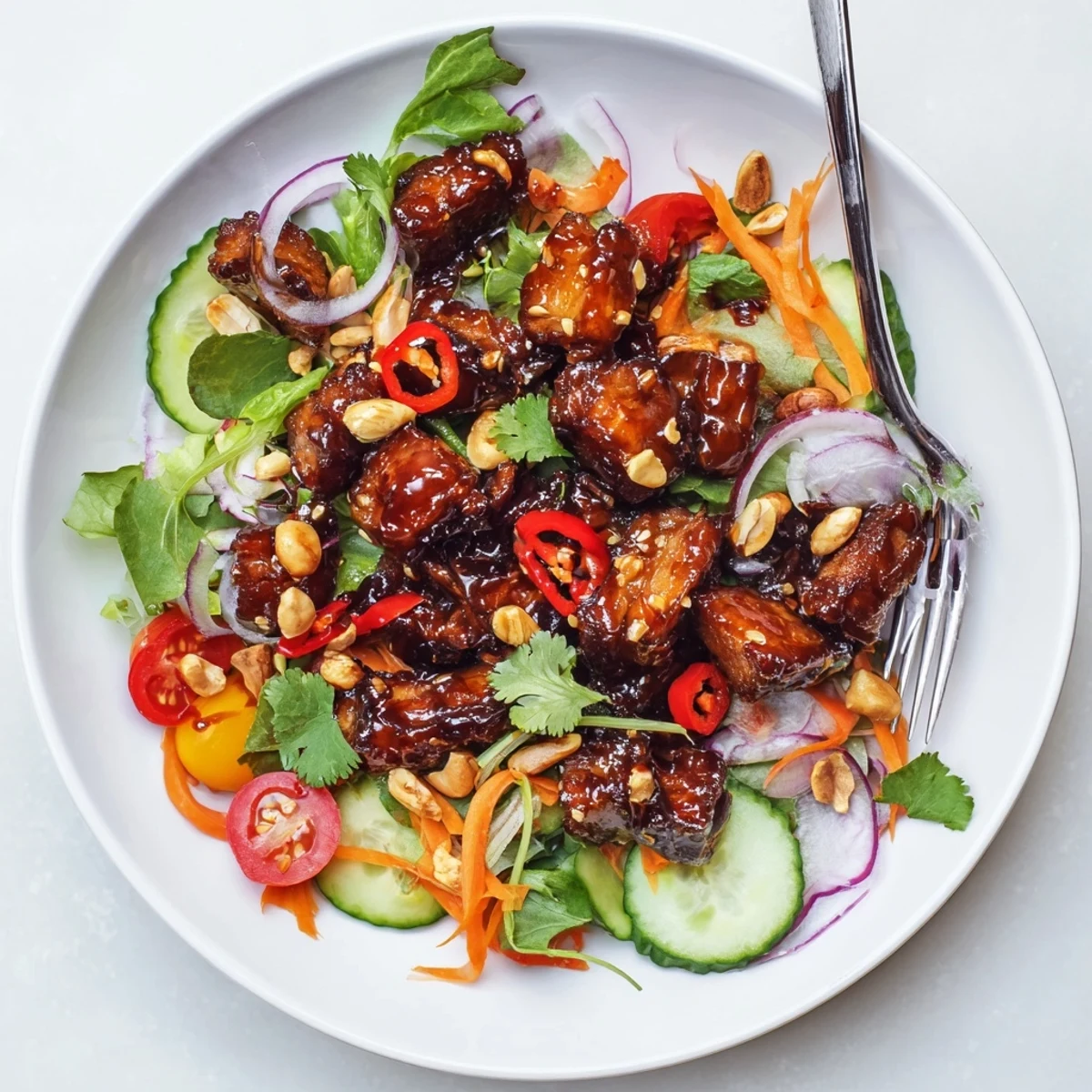 Golden crispy pork belly pieces glazed in sweet and sour sauce atop fresh mixed greens with colorful vegetables