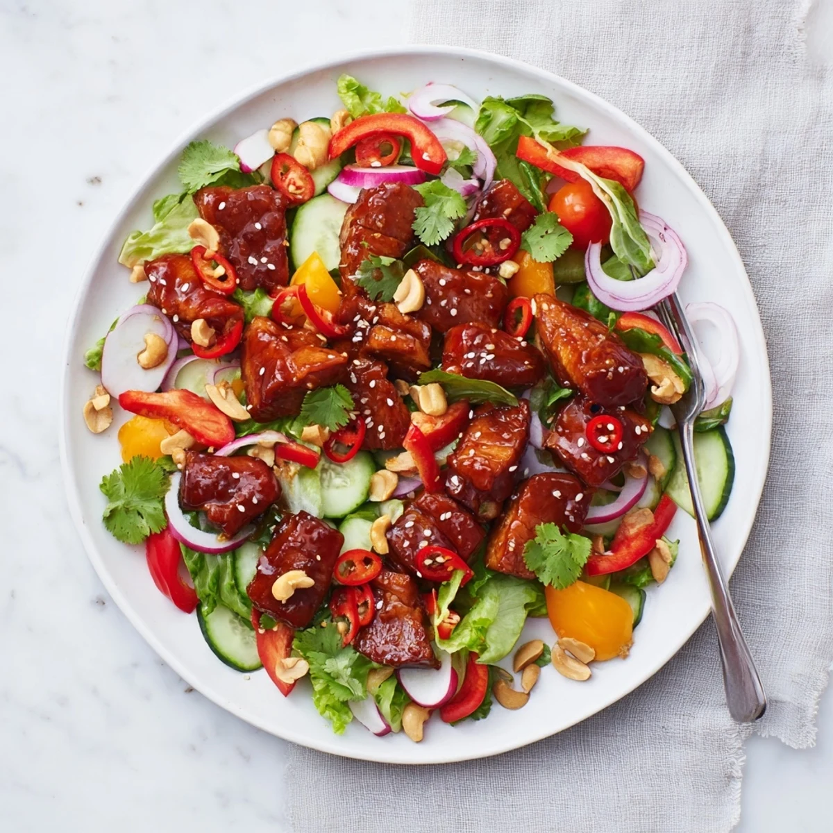 Vibrant salad bowl featuring crunchy sweet and sour pork belly served over cucumber, carrots, cherry tomatoes, and red bell pepper