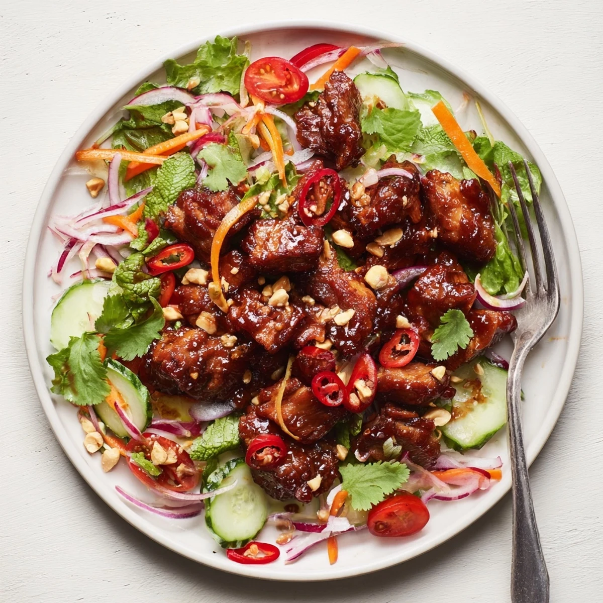 Tender crispy pork belly tossed in tangy sweet and sour glaze arranged over a bed of fresh salad greens with cilantro