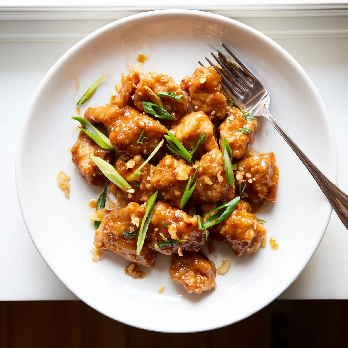 Golden glazed Mongolian chicken pieces coated in a thick brown sugar soy sauce shimmering in a skillet