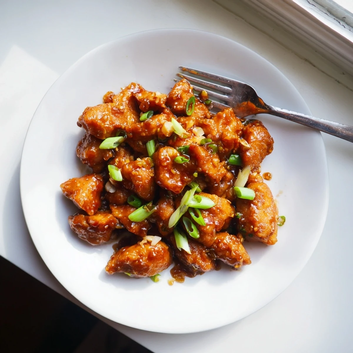 Succulent Mongolian chicken thighs stir-fried with aromatic garlic and ginger in a sweet savory glossy sauce