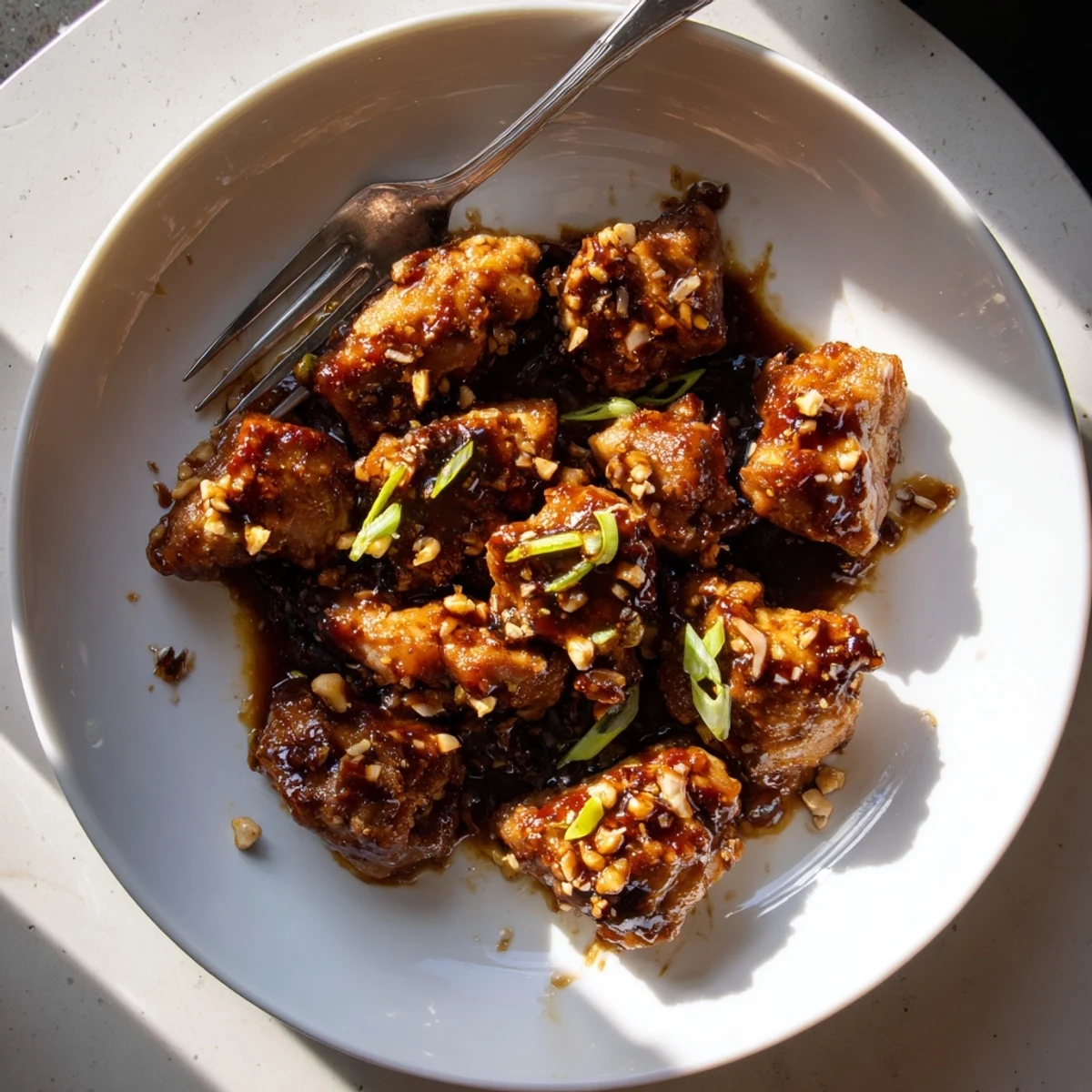 Tender bite-sized Mongolian chicken served over steamed white rice with fresh green onion sprinkles on top