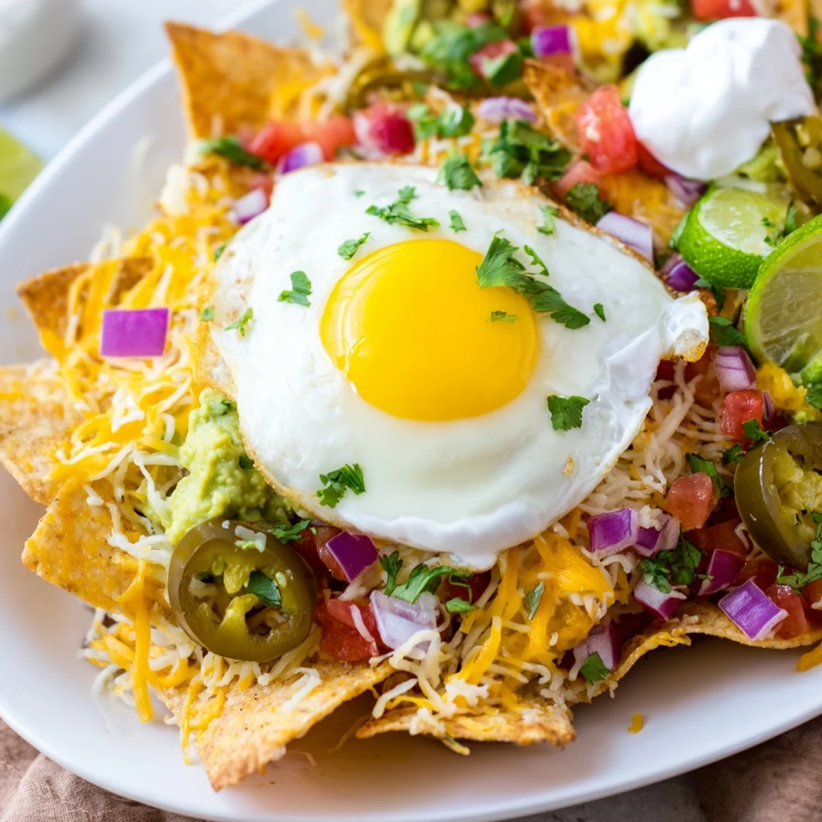 Crispy tortilla chips loaded with melted cheese, topped with sunny-side up eggs and fresh Mexican toppings