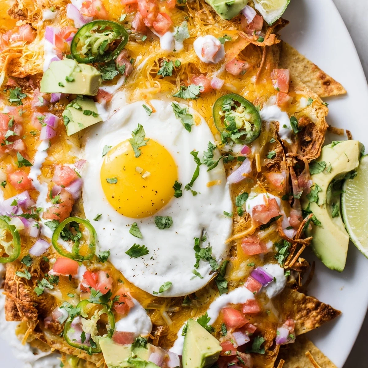Colorful breakfast nachos platter featuring runny yolks, shredded cheddar, avocado, cilantro and zesty salsa