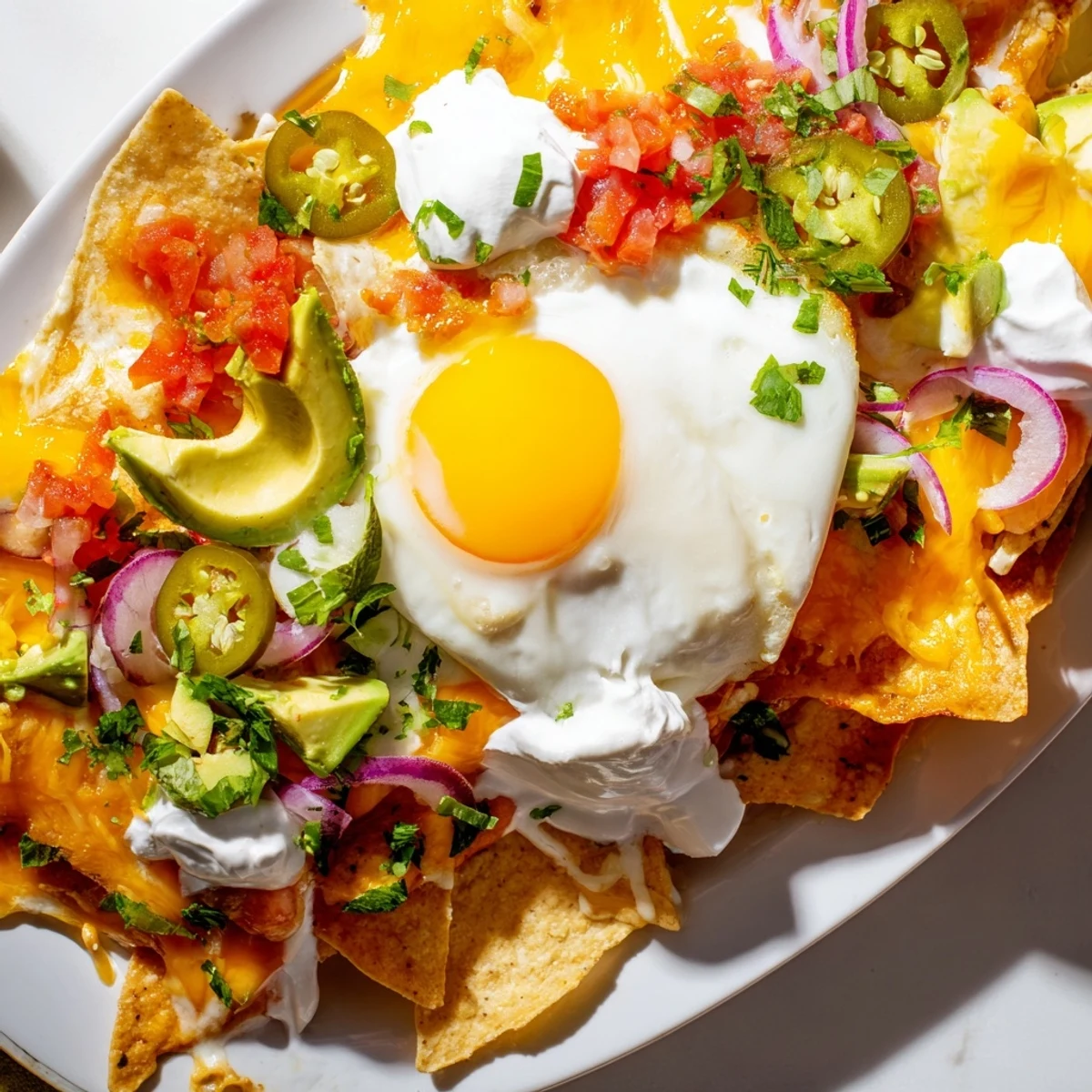 Heaping plate of Mexican egg nachos drizzled with sour cream and garnished with jalapeños and lime wedges