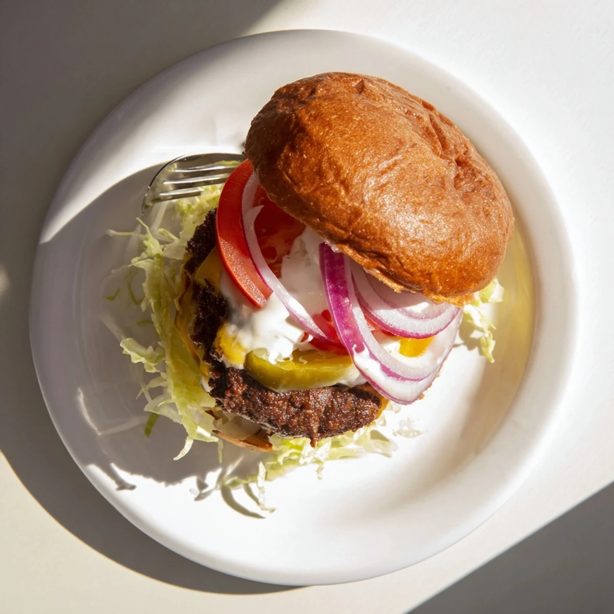 Golden smash burger with melted American cheese, crispy edges, and fresh lettuce on toasted bun