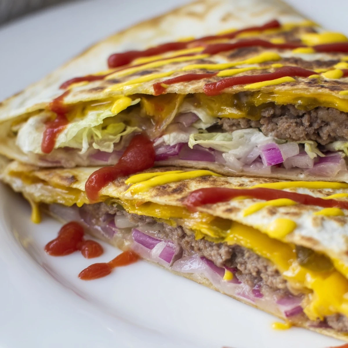 Golden crispy tortilla wrapped around juicy smashburger quesadilla with melted cheddar and mozzarella cheese