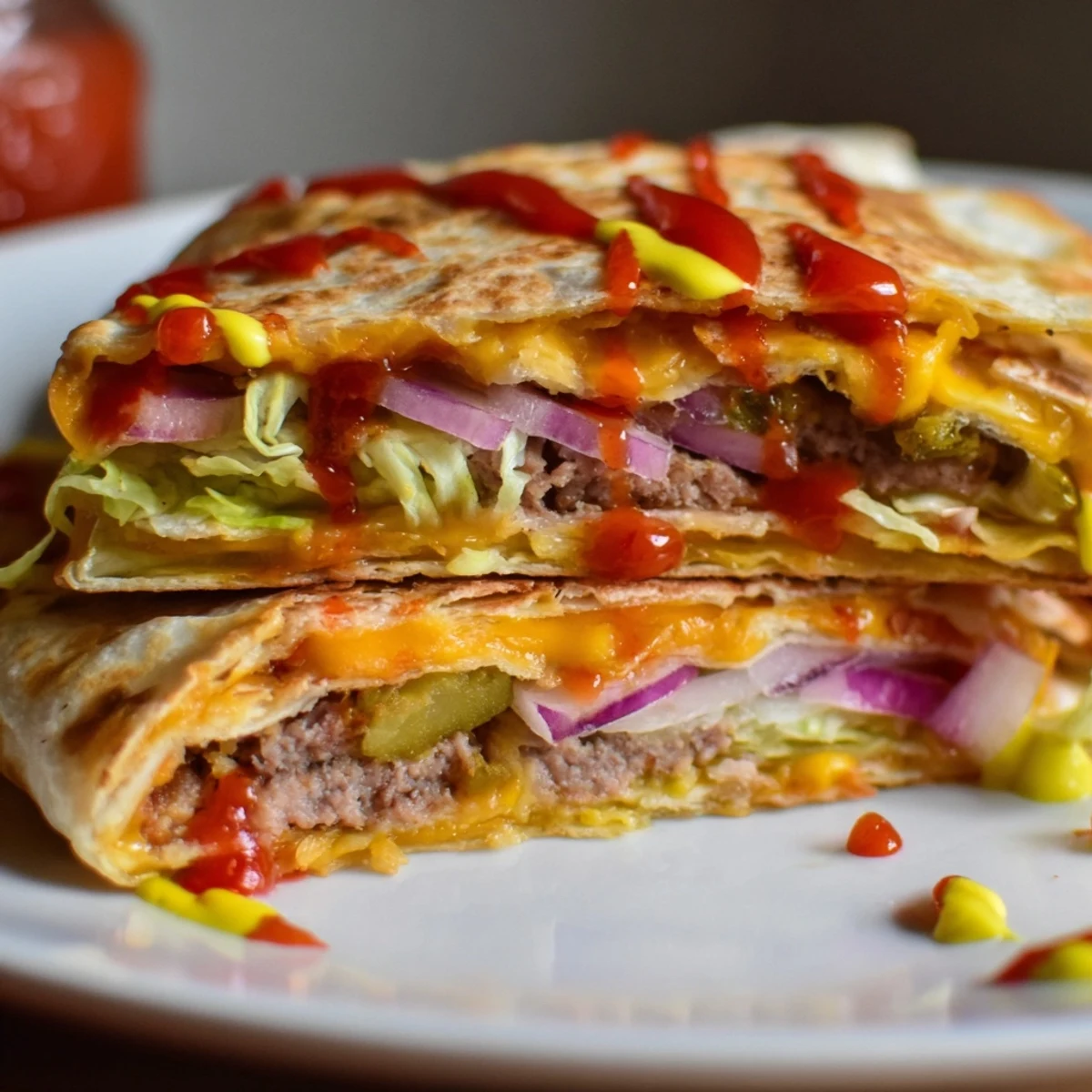 Halved smashburger quesadilla revealing seasoned beef patty with pickles lettuce and condiments inside