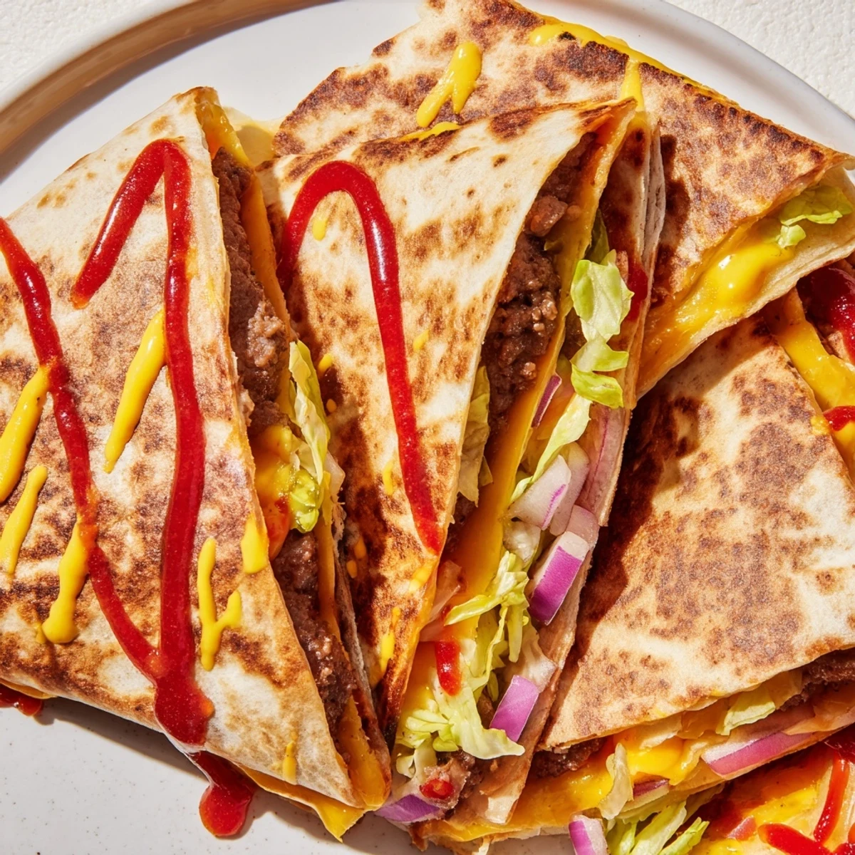 Pan-fried quesadilla fusion featuring crispy beef burger patty sandwiched between flour tortillas with shredded cheese