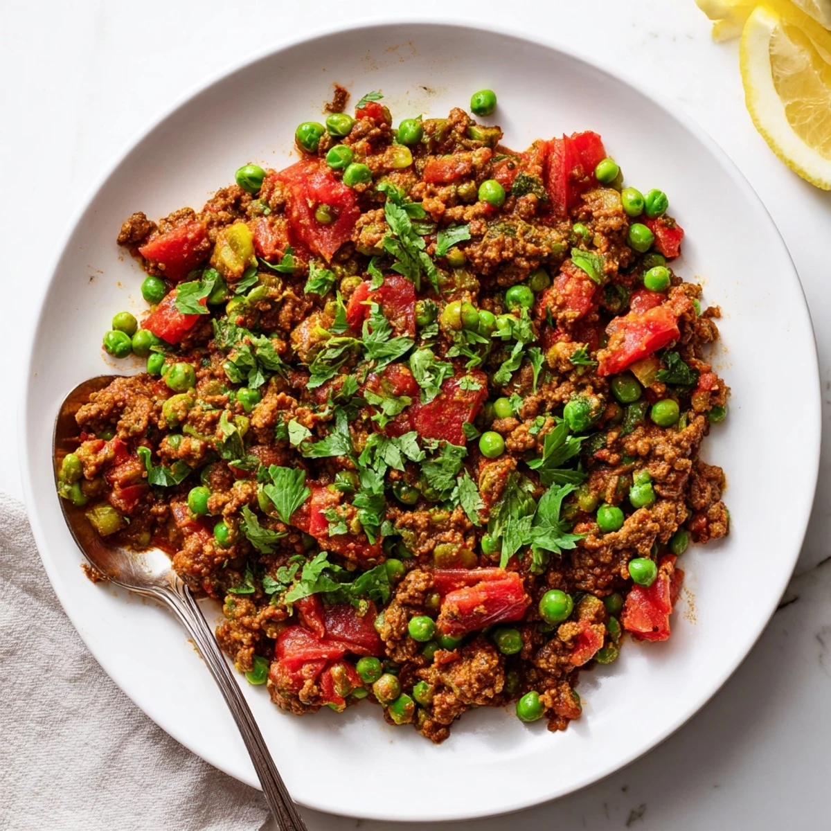 Golden ground beef Keema Curry simmered with peas and aromatic spices in a dark skillet