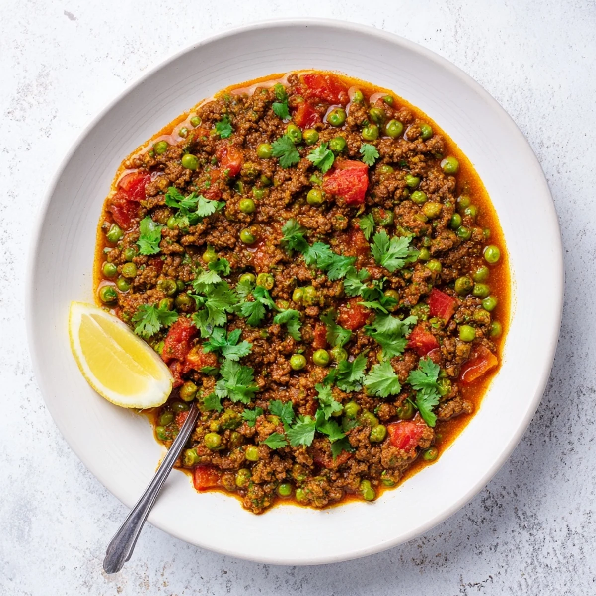 Rich and spicy Keema Curry featuring tender ground meat and vibrant green peas in tomato sauce