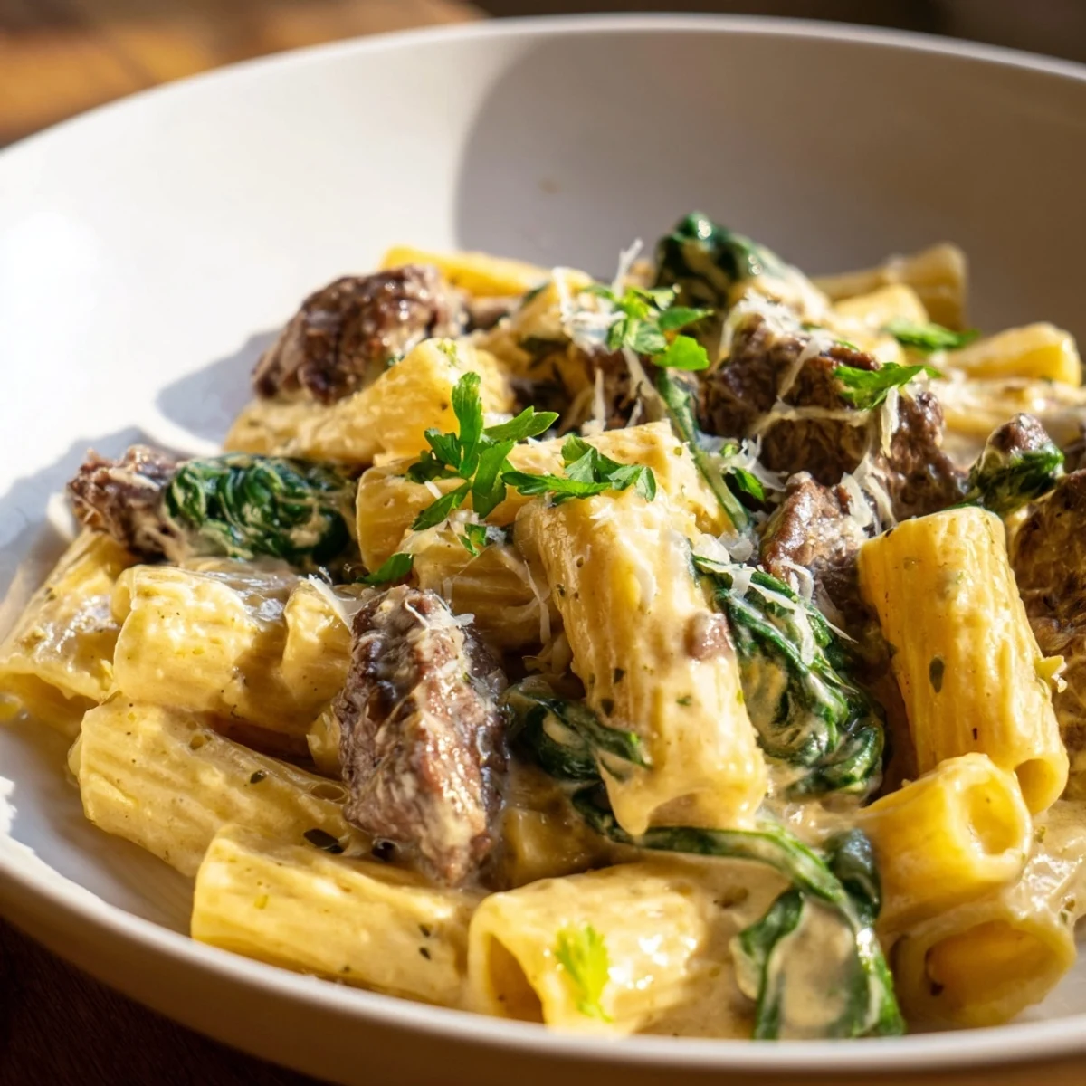 Savory creamy high protein beef pasta featuring golden seared beef strips, whole wheat noodles, and Parmesan garnish.