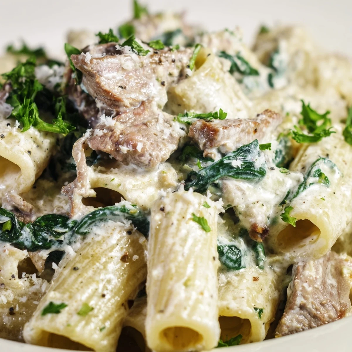 Hearty bowl of creamy high protein beef pasta with spinach, tender beef, and smooth cottage cheese sauce.