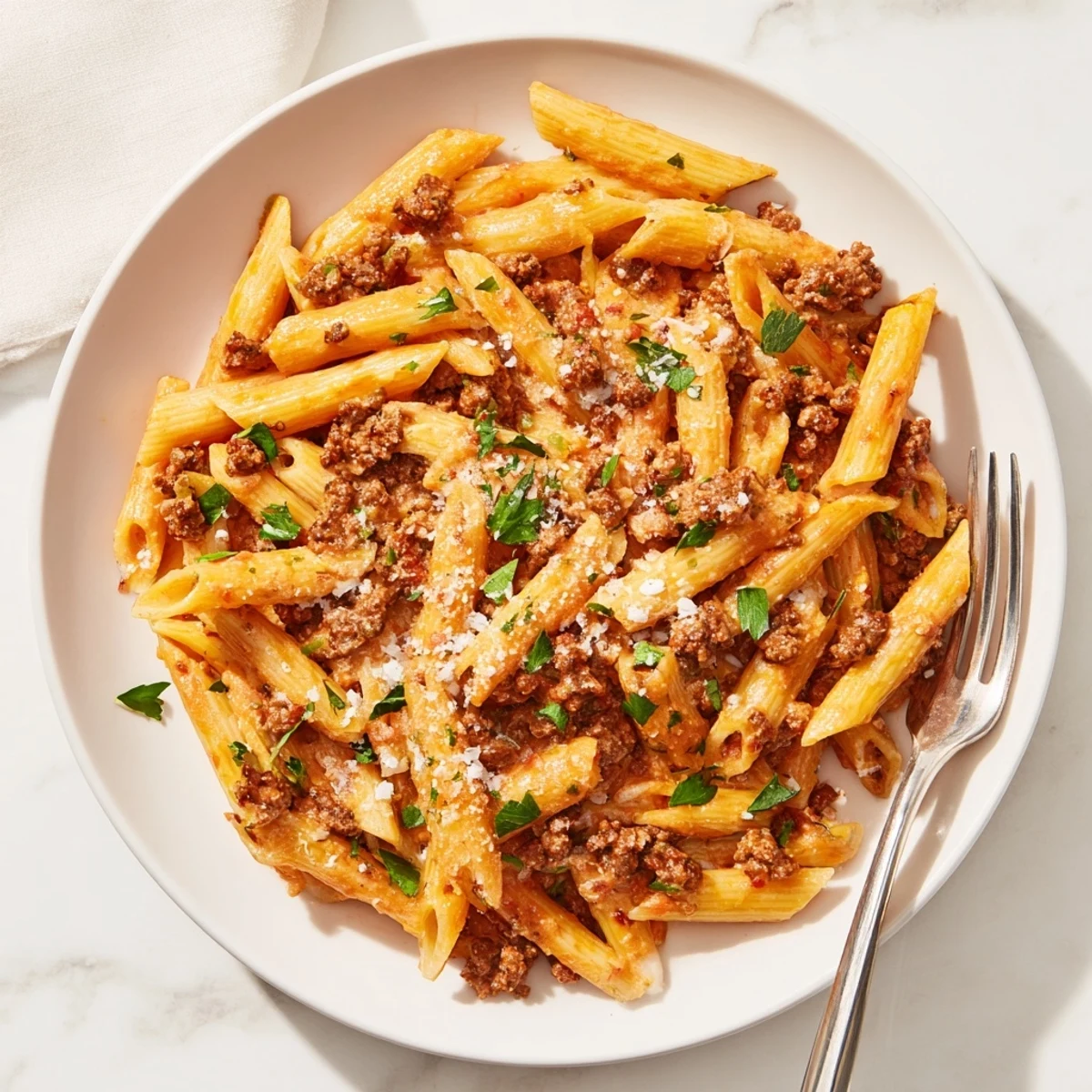 Hearty ground beef pasta dish in velvety white sauce topped with fresh parsley