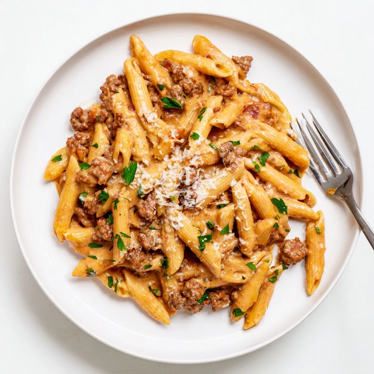 Creamy beef pasta coated in rich parmesan sauce with al dente penne noodles