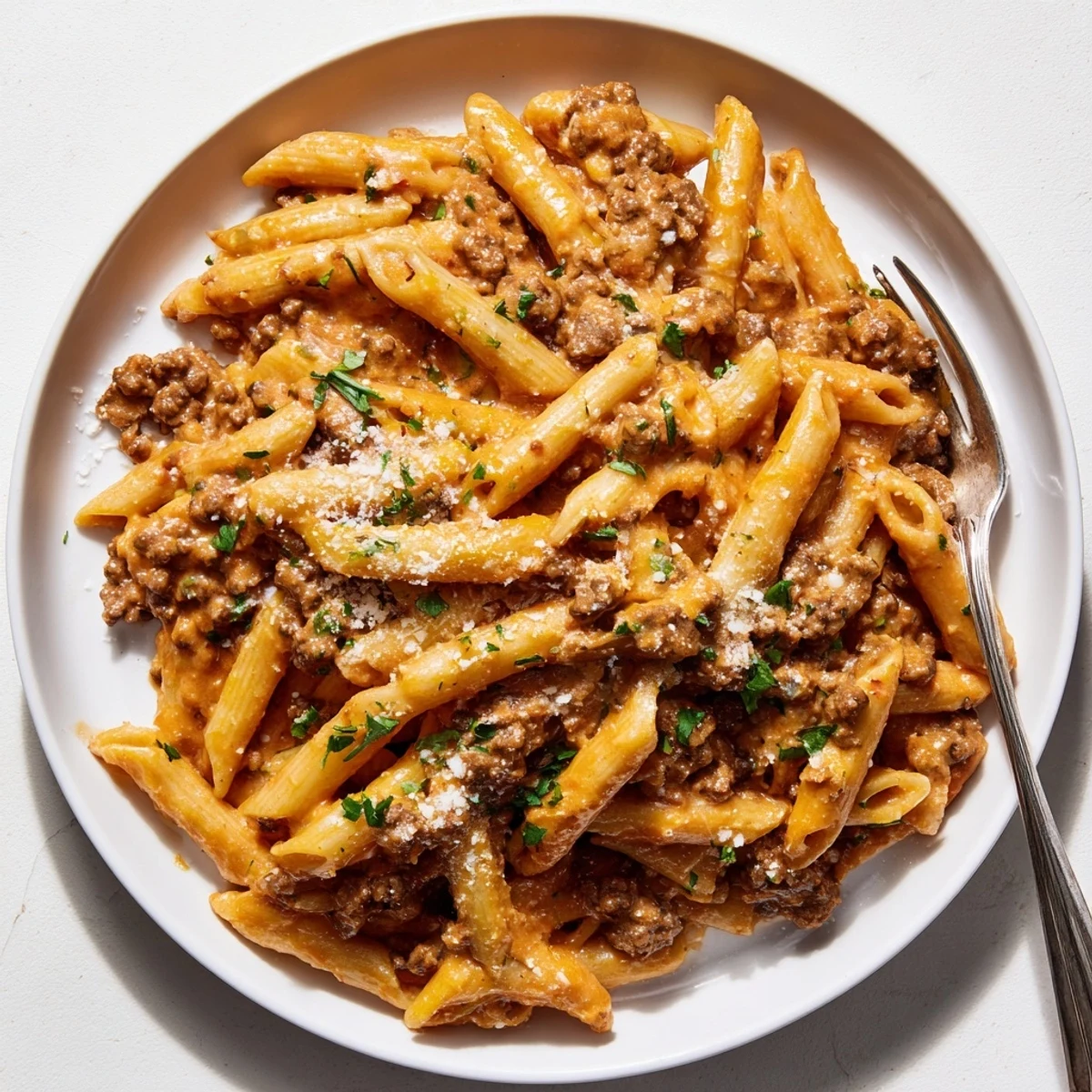 Italian-style creamy beef pasta featuring tender meat and perfectly cooked fusilli noodles