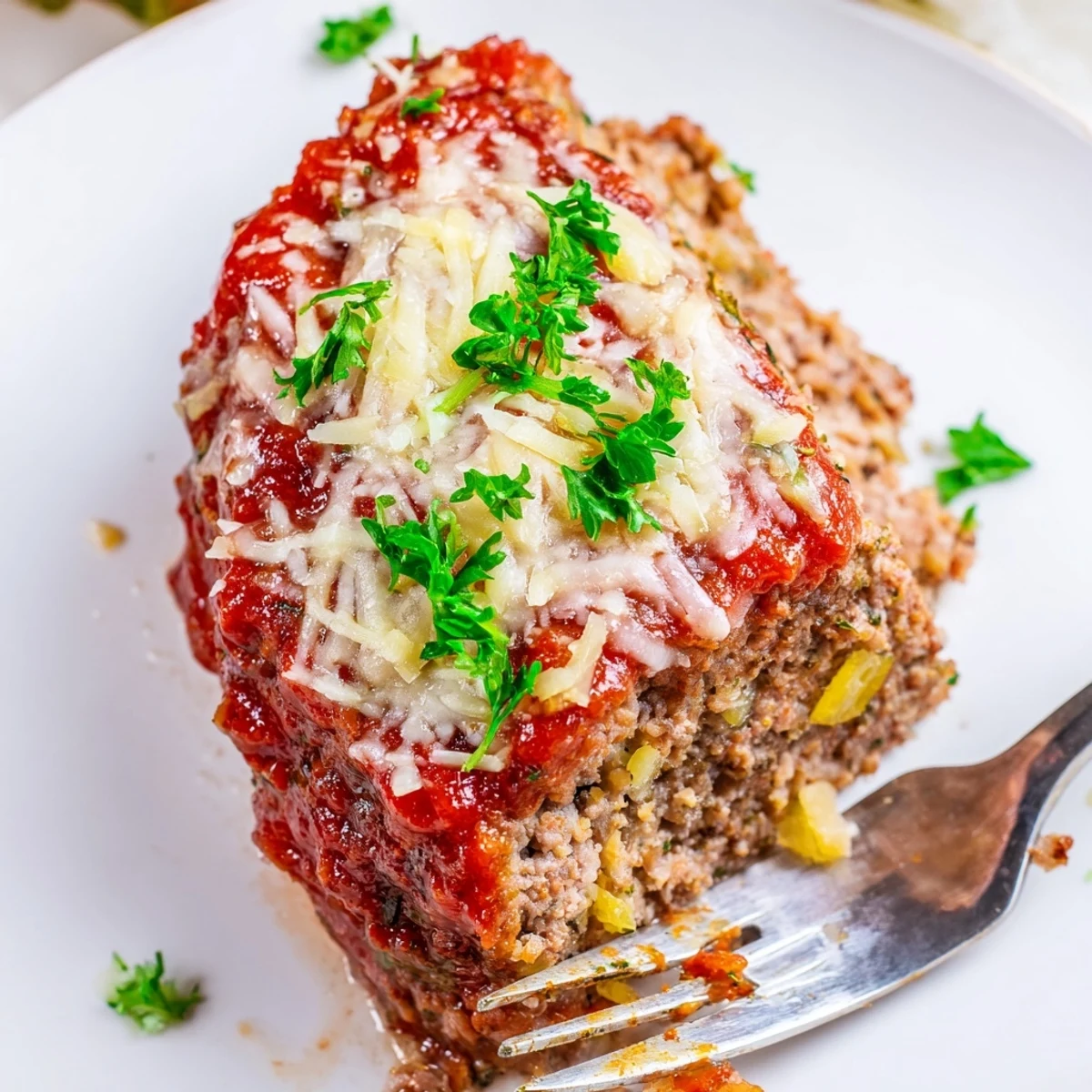 Golden brown garlic parmesan meatloaf glazed with ketchup and garnished with fresh parsley